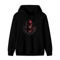 Standalone men's hoodie front displaying a graphic of a scarlet-cowl portrait with shadowed facial details
