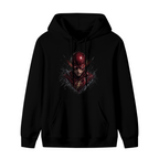 Standalone men's hoodie front displaying a graphic of a scarlet-cowl portrait with shadowed facial details