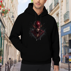 Men's hoodie worn outside, with the camera facing the graphic of a scarlet-cowl portrait with shadowed facial details