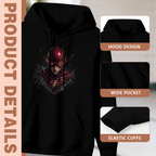 Construction-detail card for the men's Scarlet Mask Face Study hoodie, including the hood, front pouch and cuff edges