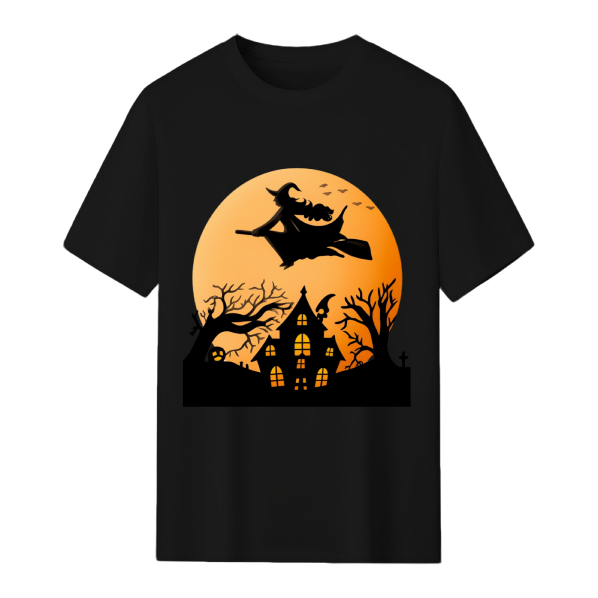 Flying Witch and Haunted House Graphic T-Shirt