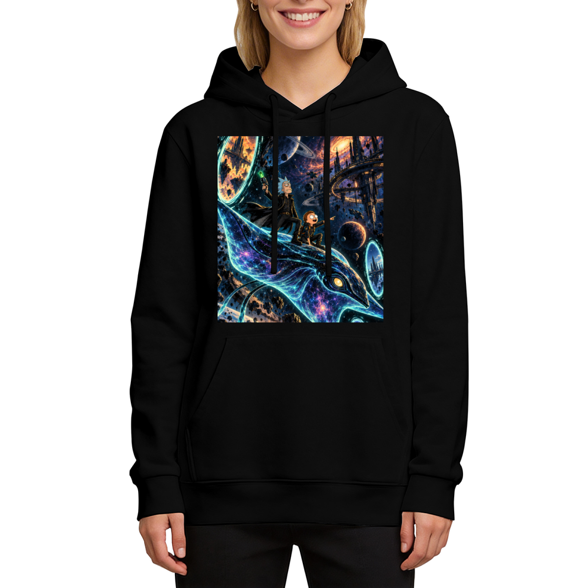 A whale traveling along curving trails of light through a galaxy printed on a women's hoodie, shown in a front model photo