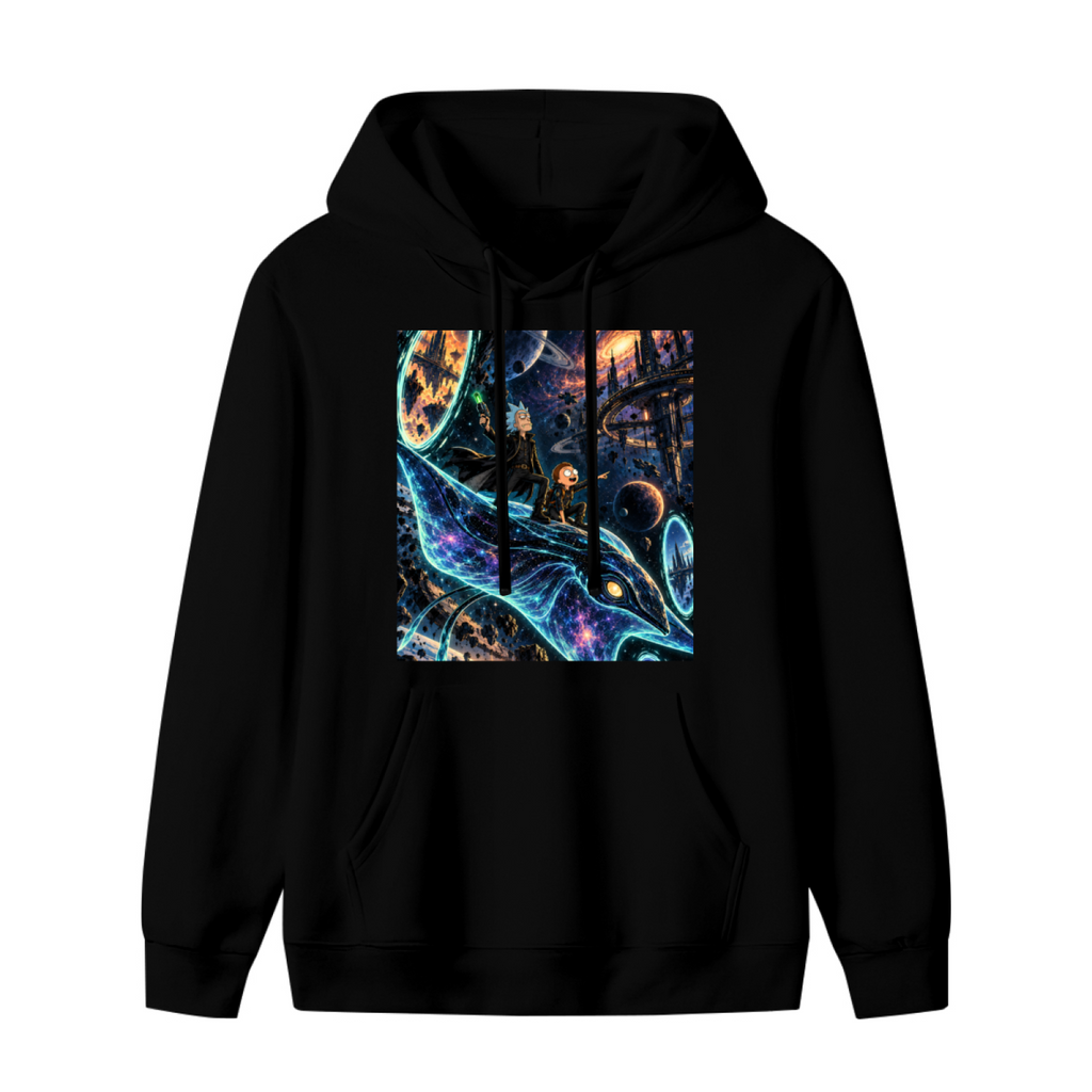 Unworn women's hoodie, front view of the design depicting a whale traveling along curving trails of light through a galaxy