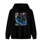 Unworn women's hoodie, front view of the design depicting a whale traveling along curving trails of light through a galaxy