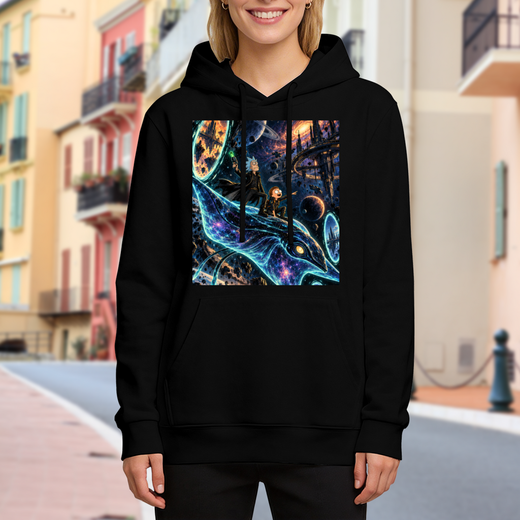 On-location model photograph displaying a whale traveling along curving trails of light through a galaxy on the front of a women's hoodie