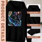 Garment and inset detail views for the women's Star Trails and a Whale hoodie, highlighting the hood, pocket opening and cuffs