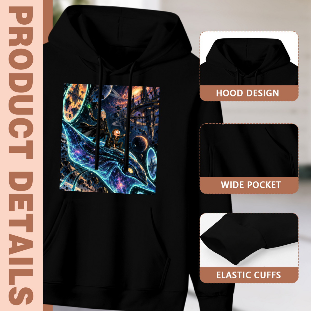 Garment and inset detail views for the women's Star Trails and a Whale hoodie, highlighting the hood, pocket opening and cuffs