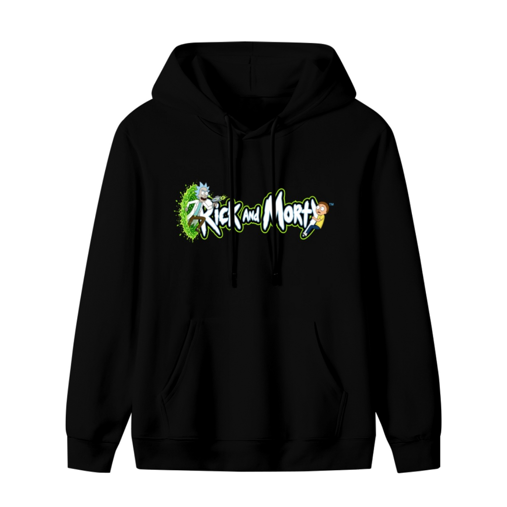 Two cartoon figures beside stylized lettering and a green portal shown on the front of a men's hoodie in a standalone product shot
