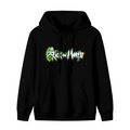 Two cartoon figures beside stylized lettering and a green portal shown on the front of a men's hoodie in a standalone product shot