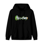Two cartoon figures beside stylized lettering and a green portal shown on the front of a men's hoodie in a standalone product shot