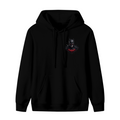 Standalone men's hoodie front displaying a graphic of a pointed-cowl portrait above a crimson crest