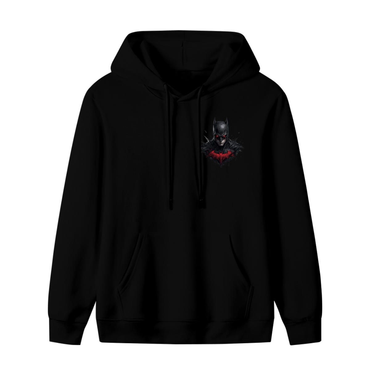 Standalone men's hoodie front displaying a graphic of a pointed-cowl portrait above a crimson crest