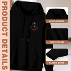 Construction-detail card for the men's Cowl with a Red Undercrest hoodie, including the hood, front pouch and cuff edges