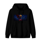 Standalone men's hoodie front displaying a graphic of a flying caped figure across a narrow deep-blue cosmic scene