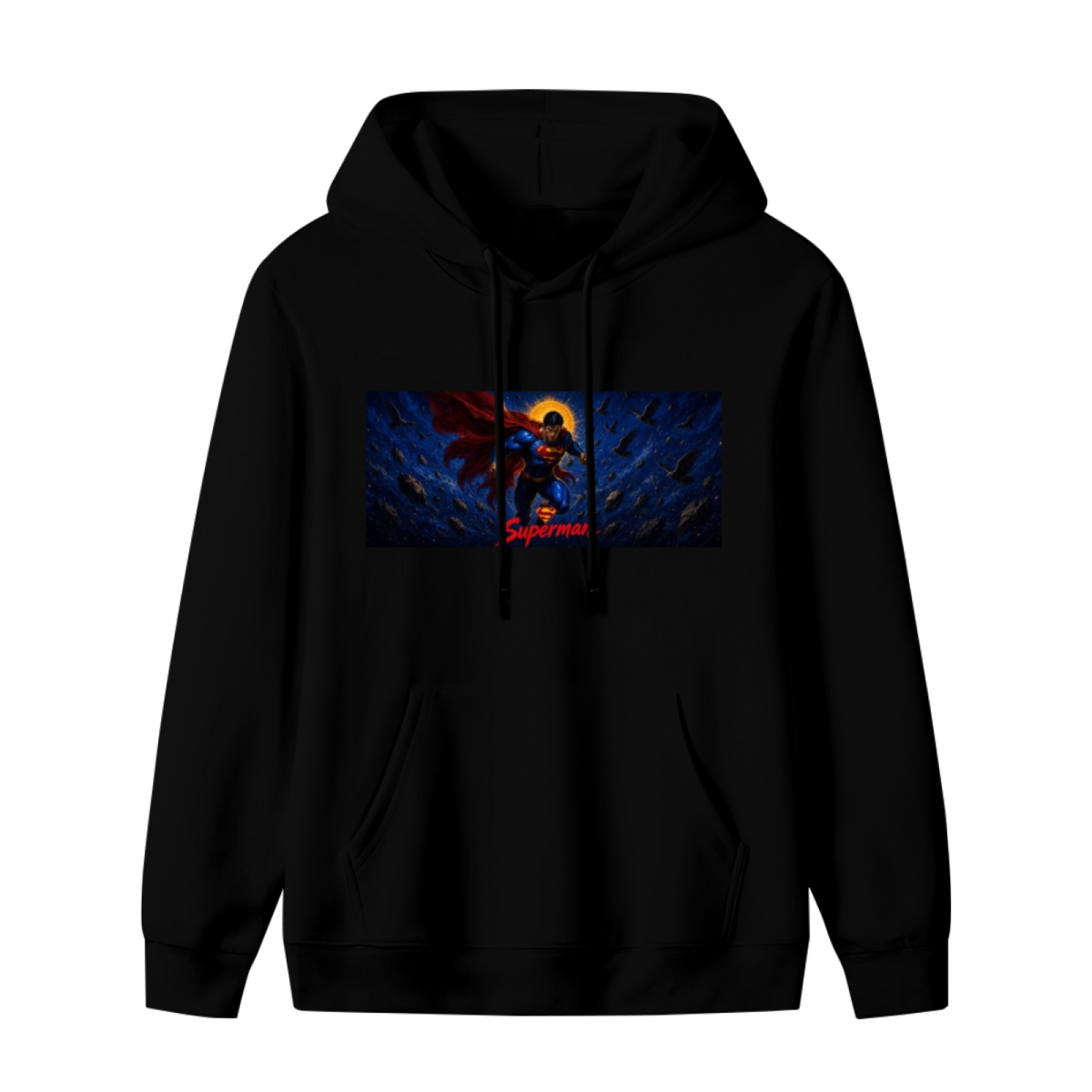 Standalone men's hoodie front displaying a graphic of a flying caped figure across a narrow deep-blue cosmic scene