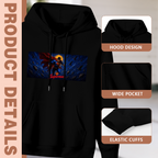 Construction-detail card for the men's Caped Flight in Starlight hoodie, including the hood, front pouch and cuff edges