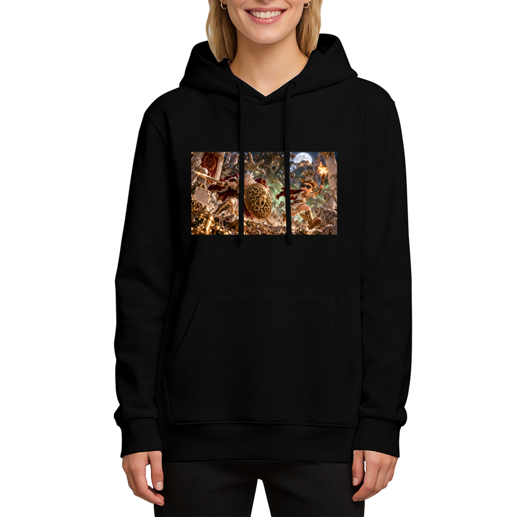 Women's hoodie seen on a model, its front graphic depicting a shield-bearing figure in a detailed moonlit battle scene