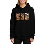 Women's hoodie seen on a model, its front graphic depicting a shield-bearing figure in a detailed moonlit battle scene