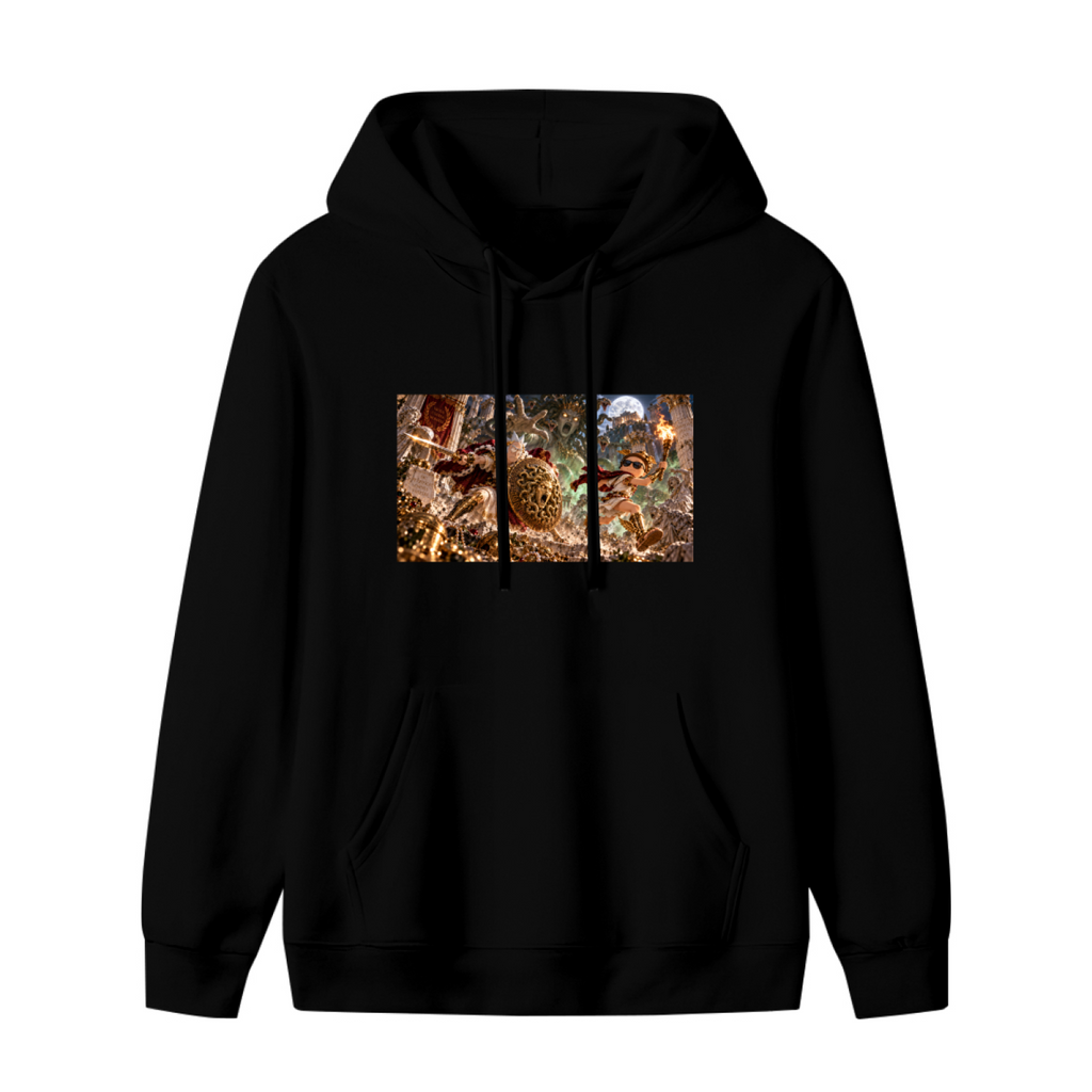Front garment photograph: women's hoodie decorated with a shield-bearing figure in a detailed moonlit battle scene