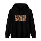 Front garment photograph: women's hoodie decorated with a shield-bearing figure in a detailed moonlit battle scene