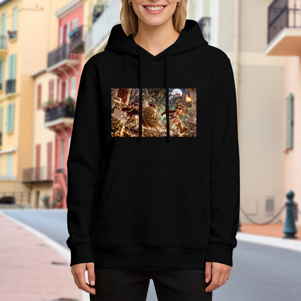 A shield-bearing figure in a detailed moonlit battle scene visible on a women's hoodie in an outdoor front model view