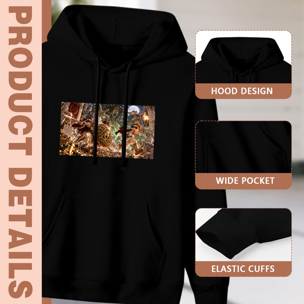 Women's Moonlight over the Clash hoodie product-feature illustration with close views of the hood, pocket and cuffs