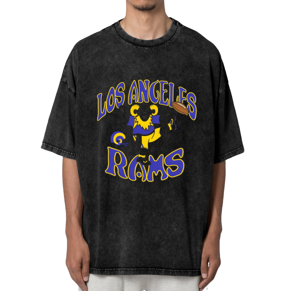 Front view of a dark washed graphic T-shirt featuring Grateful Dead cartoon character graphic