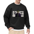 On-model product photo: men's crewneck sweatshirt bearing a suited clown portrait against a newspaper-style text collage