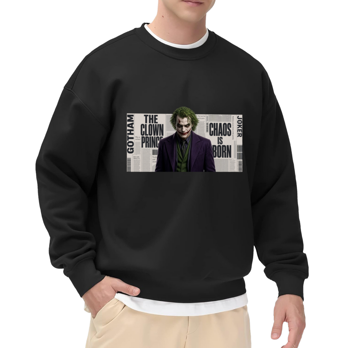 On-model product photo: men's crewneck sweatshirt bearing a suited clown portrait against a newspaper-style text collage