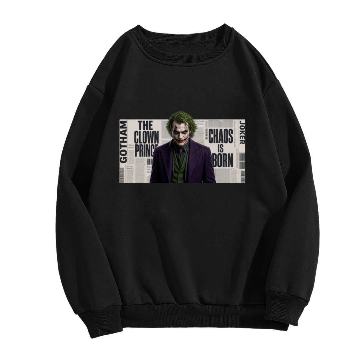 Men's crewneck sweatshirt photographed alone, with a suited clown portrait against a newspaper-style text collage on the front