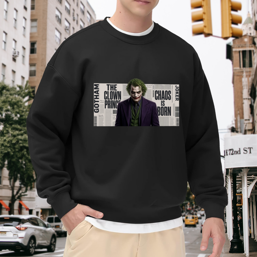 Lifestyle image outdoors: men's crewneck sweatshirt with a front graphic of a suited clown portrait against a newspaper-style text collage