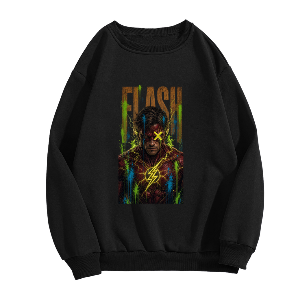 Standalone men's crewneck sweatshirt front displaying a graphic of a masked graffiti portrait with a yellow X and lightning marks