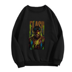 Standalone men's crewneck sweatshirt front displaying a graphic of a masked graffiti portrait with a yellow X and lightning marks