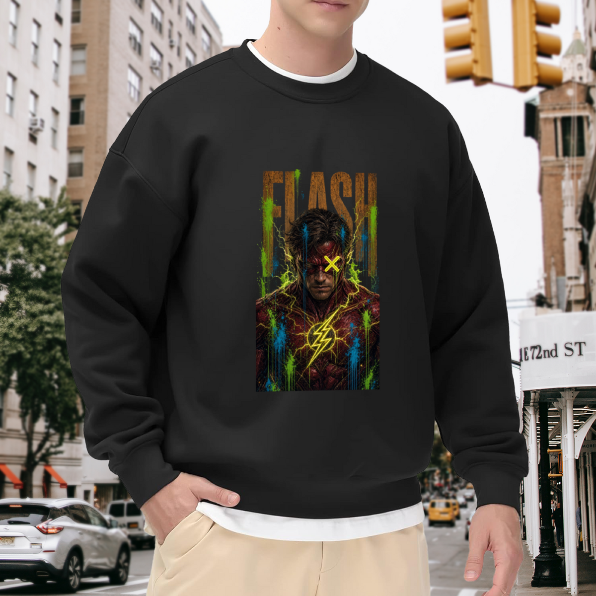 Men's crewneck sweatshirt worn outside, with the camera facing the graphic of a masked graffiti portrait with a yellow X and lightning marks