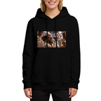 Women's hoodie seen on a model, its front graphic depicting animal figures clashing amid thunderbolts in a panoramic fantasy scene