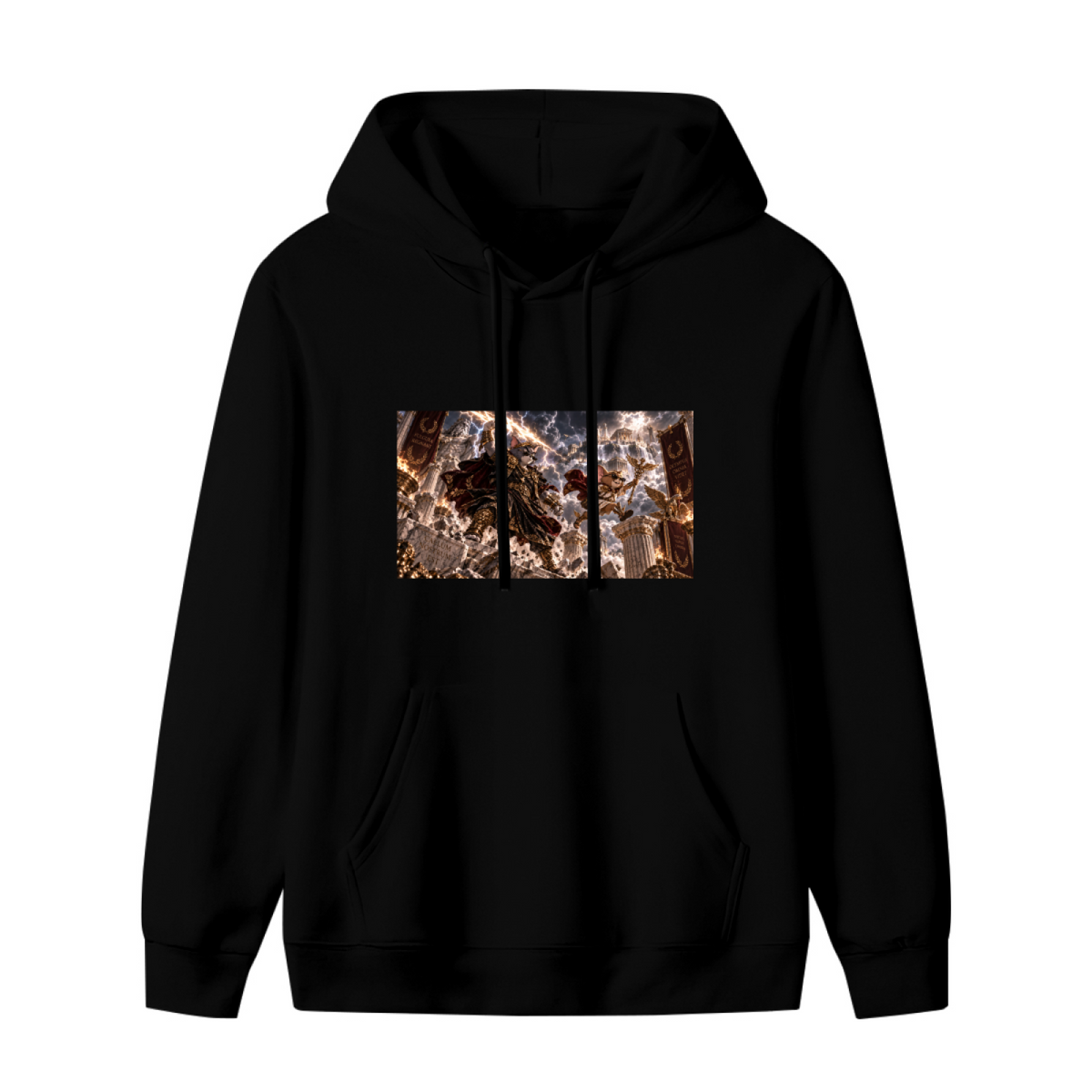 Front garment photograph: women's hoodie decorated with animal figures clashing amid thunderbolts in a panoramic fantasy scene