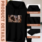 Women's Cartoon Combat in a Storm hoodie product-feature illustration with close views of the hood, pocket and cuffs