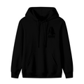 Unworn men's hoodie, front view of the design depicting a small crowned silhouette with dark ink-style lettering