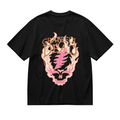 Front view of Grateful Dead flaming skull lightning bolt graphic T-shirt on a black T-shirt