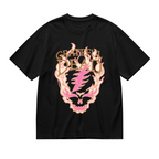 Front view of Grateful Dead flaming skull lightning bolt graphic T-shirt on a black T-shirt