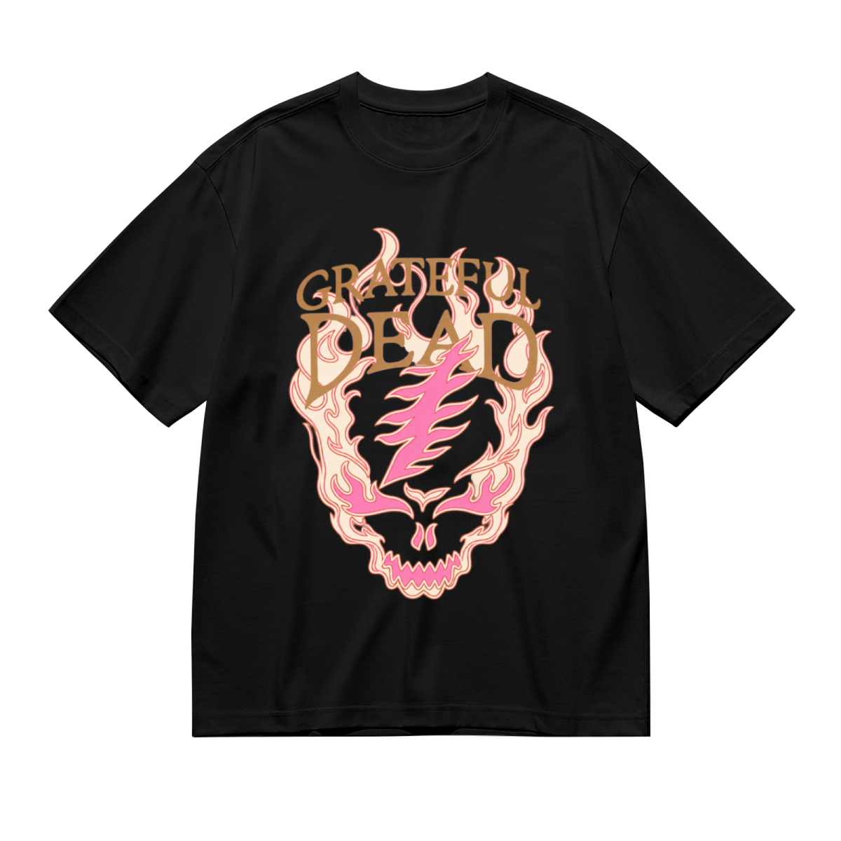 Front view of Grateful Dead flaming skull lightning bolt graphic T-shirt on a black T-shirt