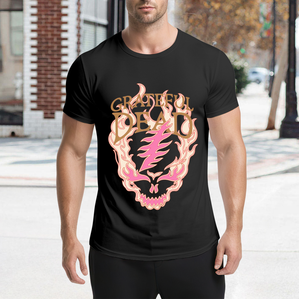 Graphic detail of Grateful Dead flaming skull lightning bolt graphic T-shirt on a black T-shirt