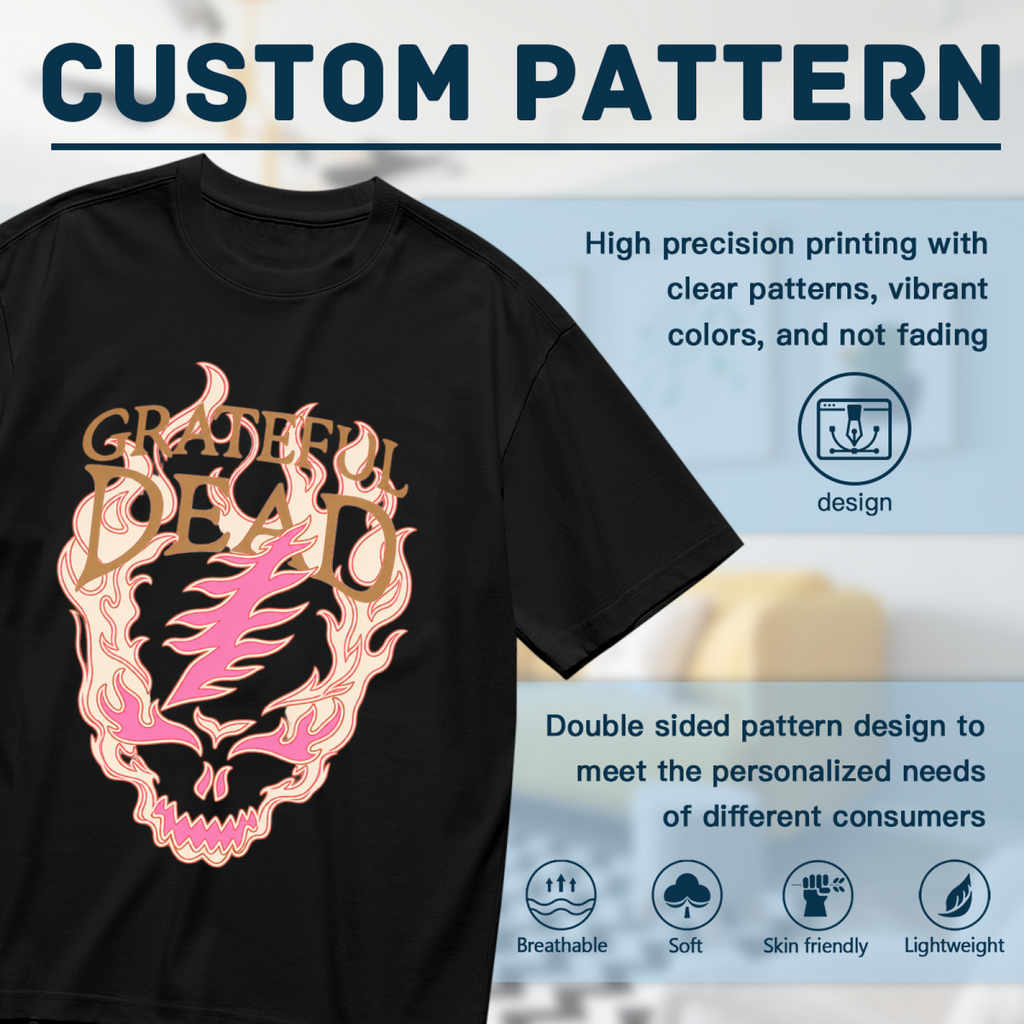 Close-up product image of Grateful Dead flaming skull lightning bolt graphic T-shirt on a black T-shirt