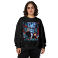 Front-facing model wearing a women's crewneck sweatshirt decorated with travelers among floating holographic displays in a futuristic city