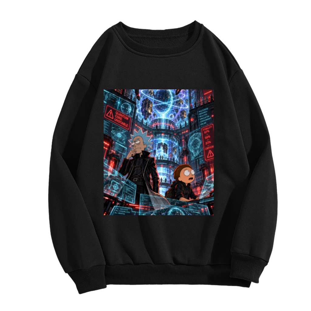 Travelers among floating holographic displays in a futuristic city shown on the front of a women's crewneck sweatshirt in a standalone product shot