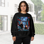 Outdoor photograph of a model in a women's crewneck sweatshirt bearing travelers among floating holographic displays in a futuristic city