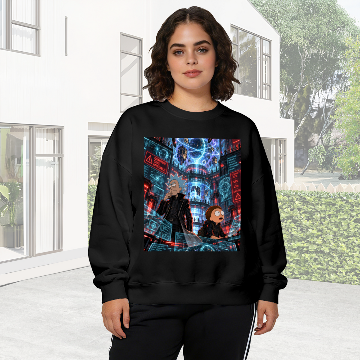 Outdoor photograph of a model in a women's crewneck sweatshirt bearing travelers among floating holographic displays in a futuristic city