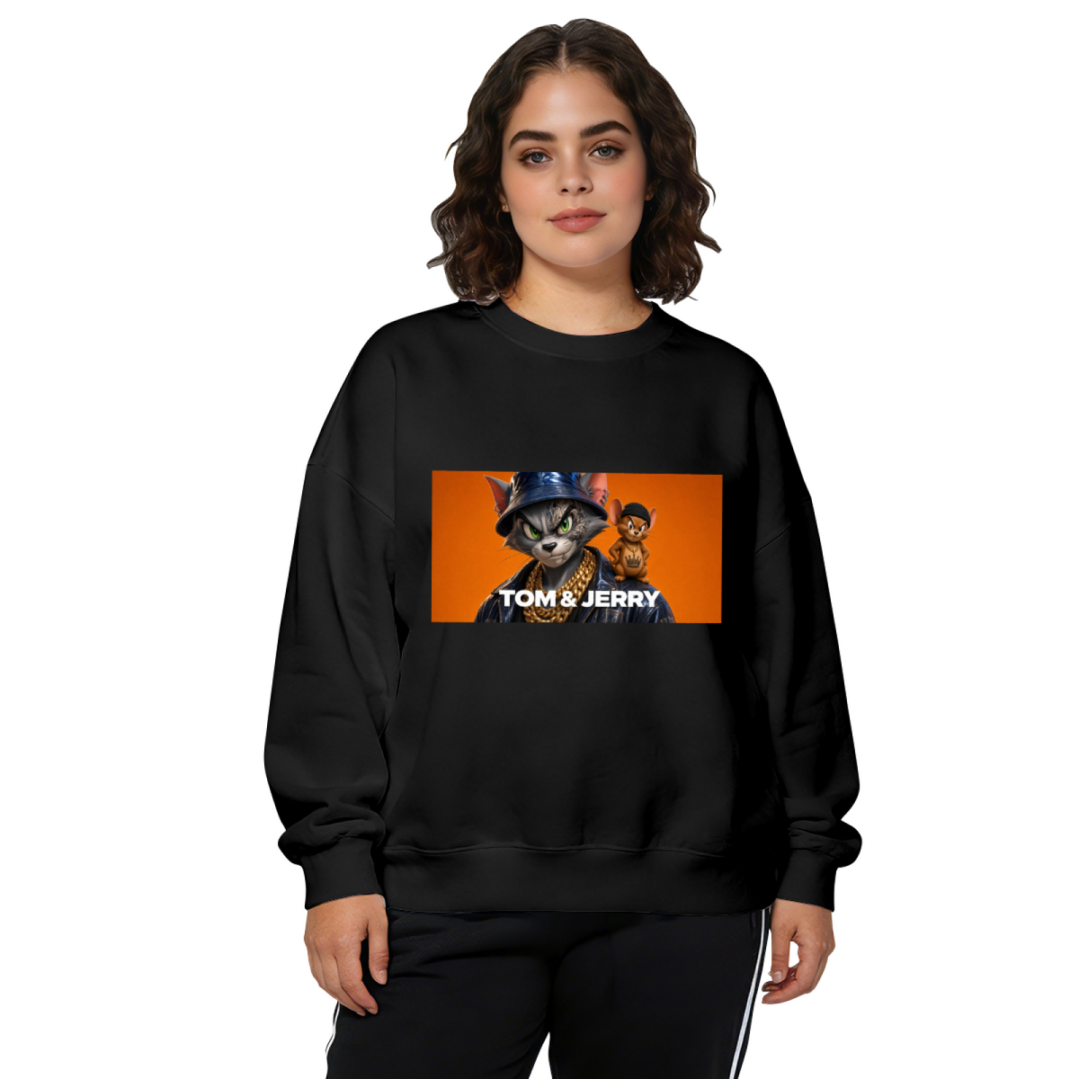 Front-facing model wearing a women's crewneck sweatshirt decorated with a cat wearing a bucket hat beside a mouse in a rectangular panel