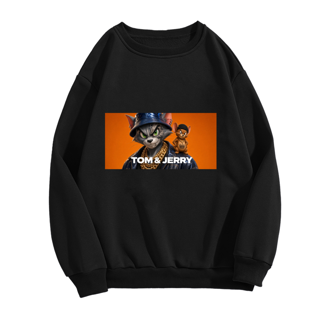 A cat wearing a bucket hat beside a mouse in a rectangular panel shown on the front of a women's crewneck sweatshirt in a standalone product shot