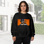 Outdoor photograph of a model in a women's crewneck sweatshirt bearing a cat wearing a bucket hat beside a mouse in a rectangular panel